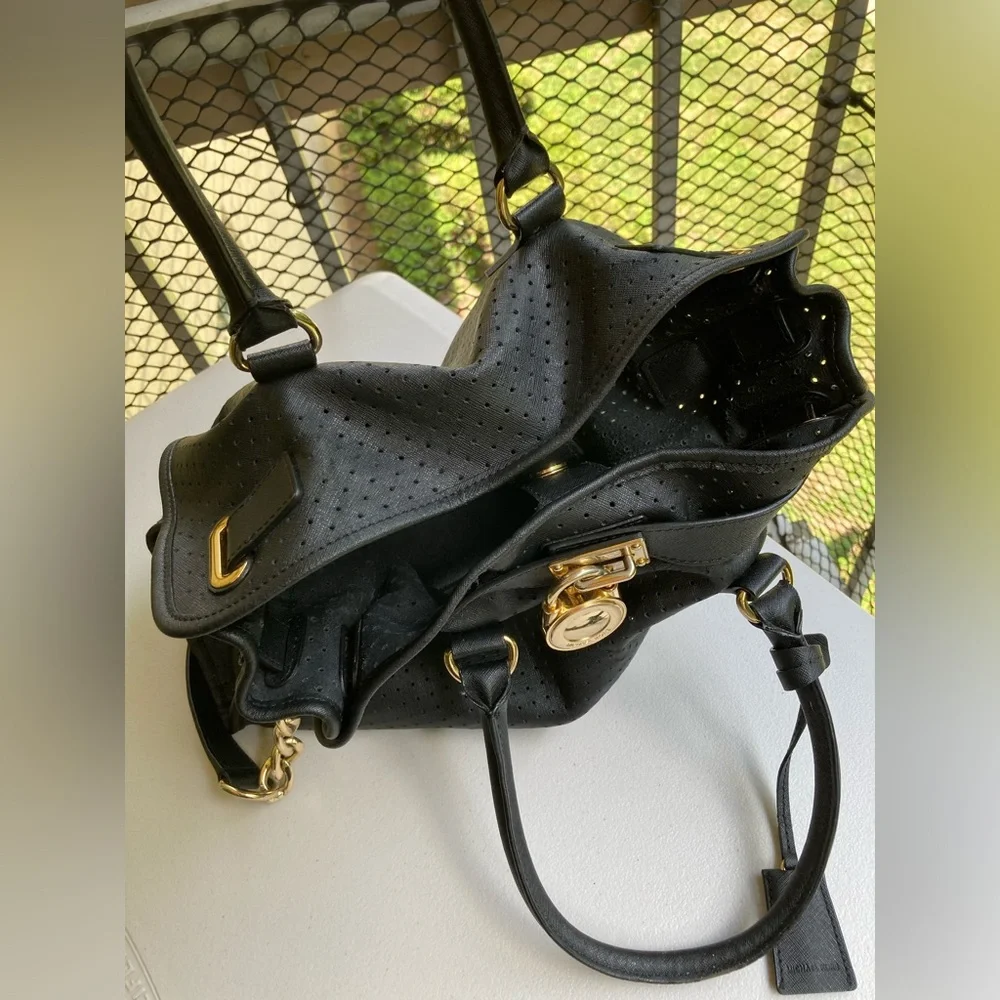 Michael Kors LARGE Black Leather Perforated Hamilton Tote Bag Gold Hardware